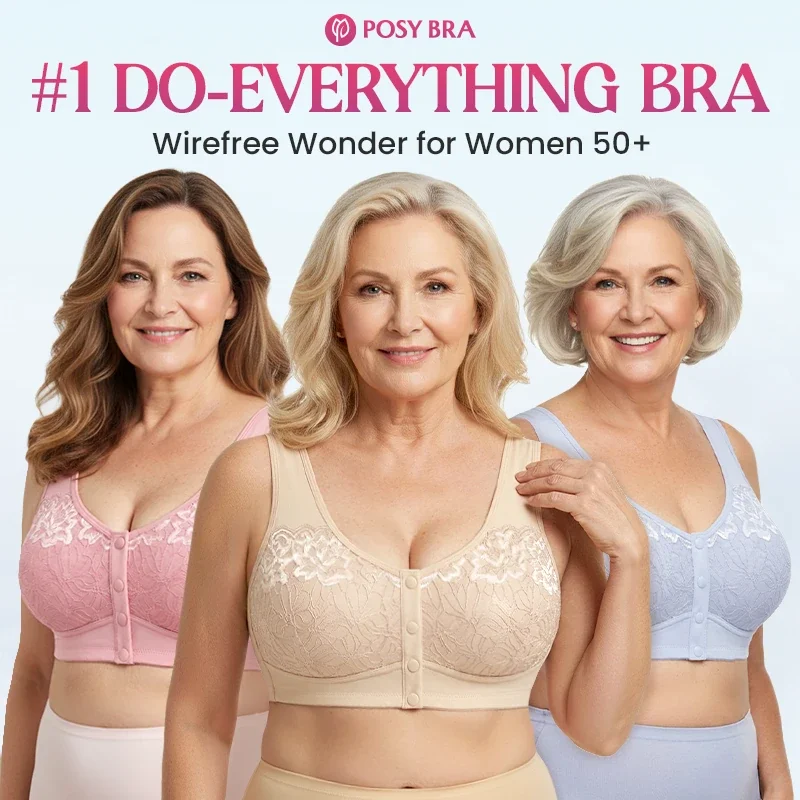 Three women over 50 wearing the front-closure cotton bra in pink, beige and light blue
