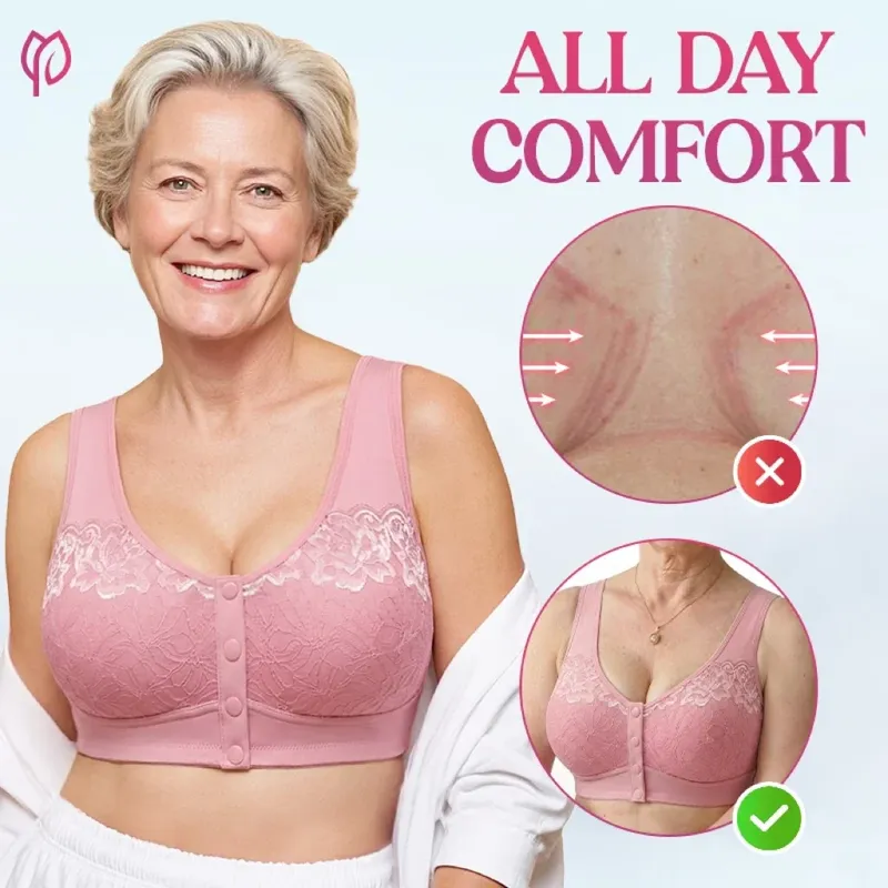 Smiling woman in a pink lace front-closure bra with fabric close-ups