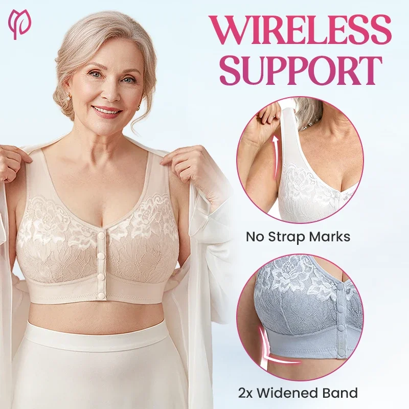 Woman in a beige wireless bra, insets showing no strap marks and a widened band