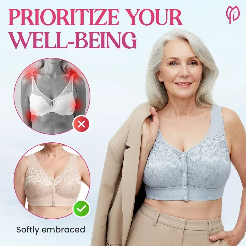 Woman in a light blue bra with comparison insets of a tight bra and a soft one