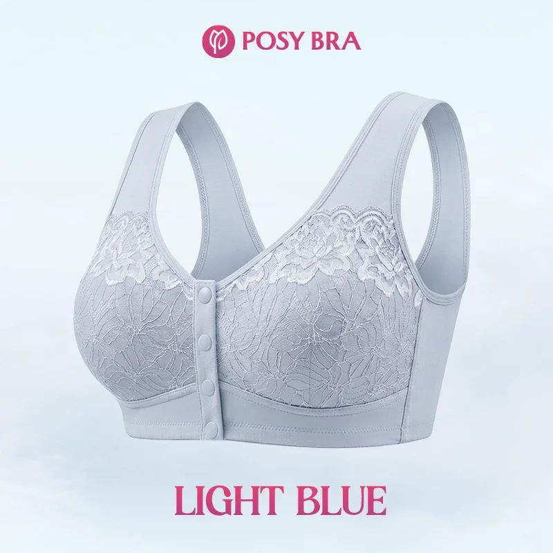 Light blue lace bra with a row of front buttons