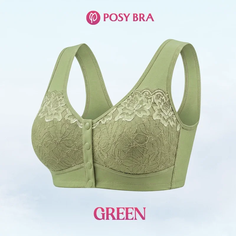Green lace front-closure bra