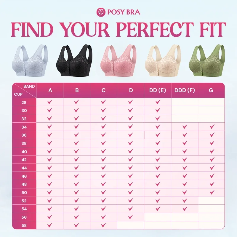 Size chart showing bands 28 to 58 and cups A to G in five colors